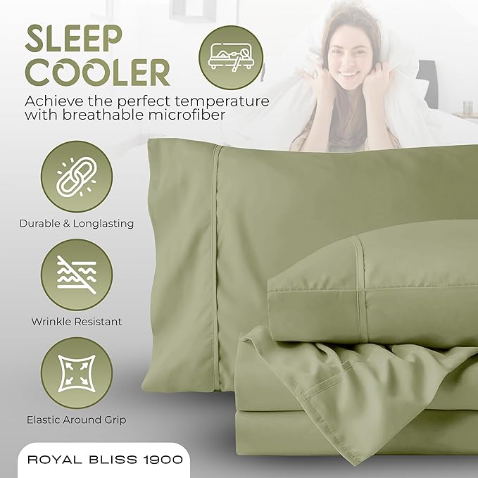 Split King Sheets Set with 2 Twin XL Fitted Sheet - 5 Piece Bedding - Wrinkle Free, Fade Resistant, Double Brushed Microfiber - Deep Pockets/Easy Fit (Sage)
