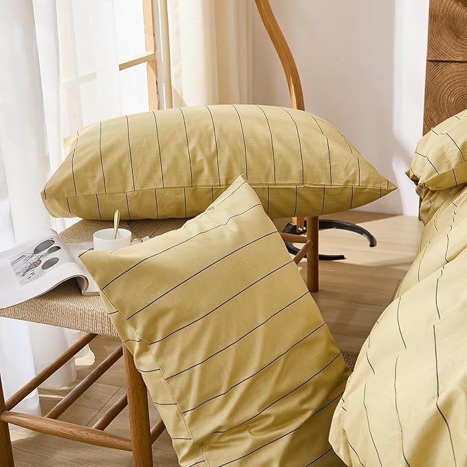 Merryword Yellow Striped Pillowcases, 100% Cotton Pillow Cases, Queen Size Pillowcases, Luxury Linen Like Pillowcase, Soft Breathable Pinstripe Pillow Covers, Set of 2