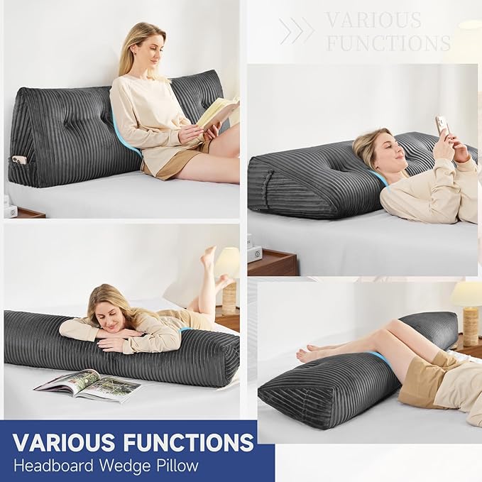 Comfort Twin Headboard Pillow w/ ONE ROLL Pillow,Ultra Soft Twin Triangular Pillow, Reading Pillow Standard Bed w/ a Roll Pillow for Bed Sitting Up Sleeping,Backrest Cushion Headboard Gap Pillow, Grey