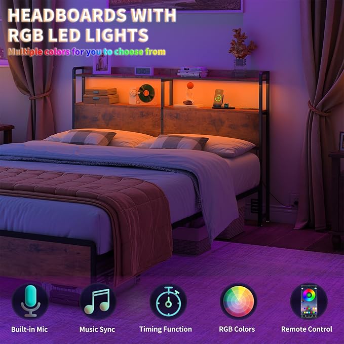 METYERRY Headboard for Queen Size Bed Frame with Storage, Height Adjustable, Headboards with Outlets, USB Ports, Type-C, LED Light, Sturdy and Stable Headboard, Black Oak,Bed Frame NOT Included