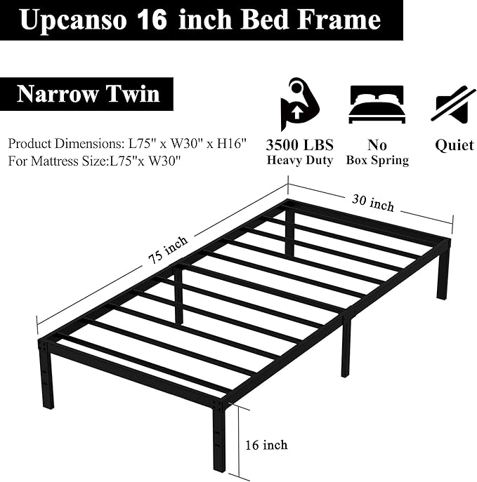 Upcanso 16 Inch Narrow Twin Bed Frame 30x75 No Box Spring Needed, Metal Platform 75x30 Narrow Twin Bed Frames, Eassy Assembly 3,500 lbs Heavy Duty Bedframes, Black