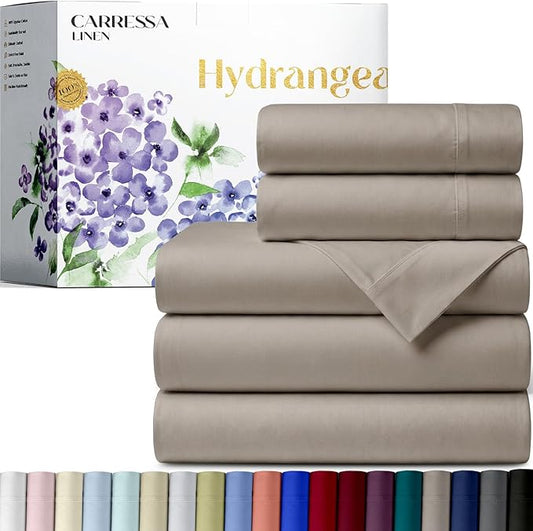 Carressa Linen 100% Egyptian Cotton Split King Sheets Sets for Adjustable Bed - 600 Series Hydrangeas Collection 5 PC Taupe Top Split King Sheets, 16" Deep Pocket Sheet for Adjustable Bed