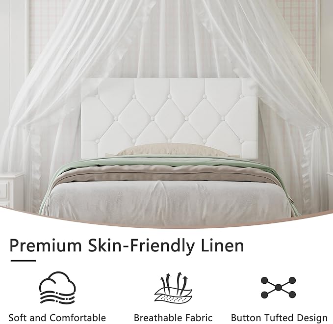 VECELO Twin Size Bed Frame with Button Tufted Headboard, Upholstered Platform Bedframe with Wood Slat Support, No Box Spring Needed, White