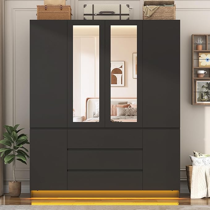 4 Doors Armoire Wooden Wardrobe Closet with 3 Drawers & 2 Mirror, 75"H Clothing Storage Cabinet with Hanging Rod,Modern Bedroom Large Freestanding Armoires with Led Lights for Bedroom, Black