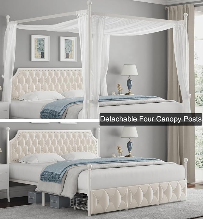 Keyluv King Upholstered Canopy Bed Frame with 3 Drawers and Button Tufted Headboard, Metal Platform Bed with 4 Removable Posts, Two-Purpose Velvet Bed No Box Spring Needed, Beige/Curtains Not Included