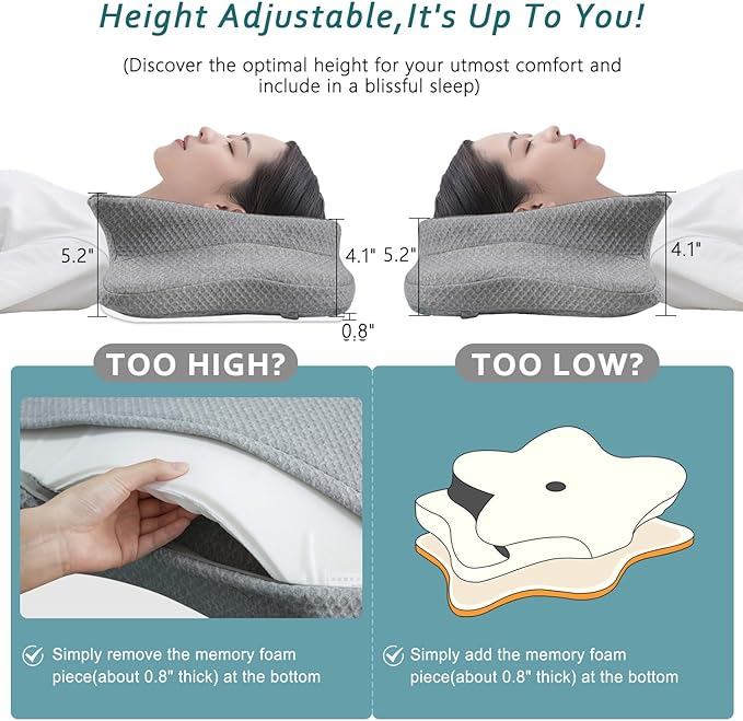 CHxxy Cervical Neck Pillow for Pain Relief Sleeping, Memory Foam Pillows, Ergonomic Side Sleeper Pillows, Cooling Orthopedic Neck Support Pillow for Back Stomach Sleepers-Queen Size Grey&Grey