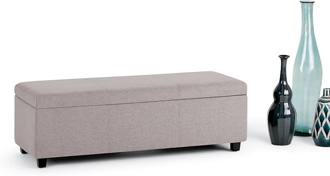 SIMPLIHOME Avalon Storage Ottoman Bench - 48" Wide x 16" High Upholstered Linen Look Fabric Rectangular Lift-Top Ottoman in Cloud Grey, Contemporary Bench for Living Room with High-Density Foam