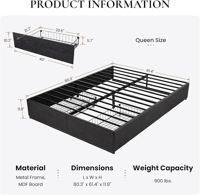 SHA CERLIN Queen Platform Bed Frame with 2 Large Storage Drawers - Heavy Duty Metal & Rustic Wood, Noise-Free, No Box Spring Needed, Black