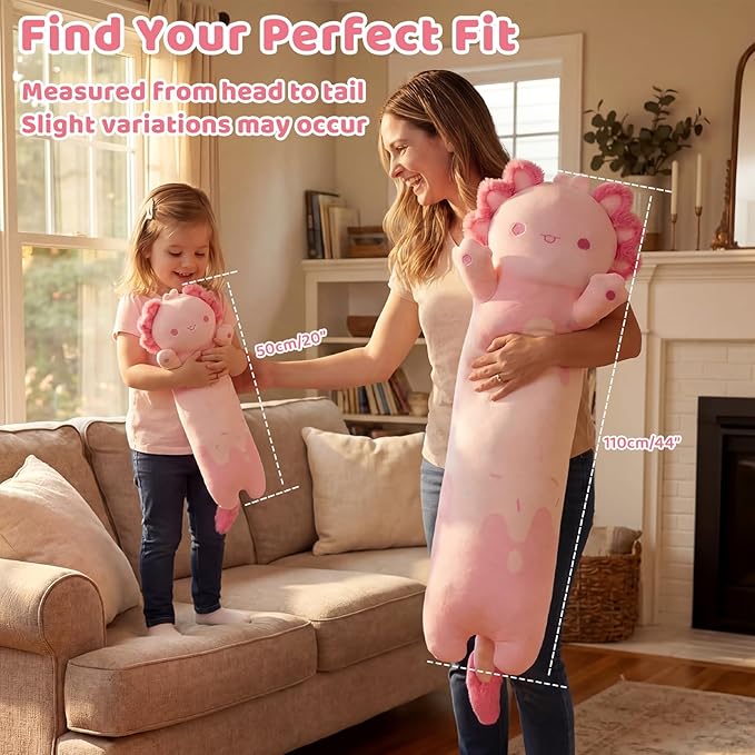 Mewaii Long Axolotl Plush 5 Sizes, 120% Extra Filling Giant Plushness Kids Body Pillow, Kawaii Cute Pink Axolotl Stuffed Animals Plushies, Big Long Body Pillow Cat Plush Gift for Girls 44”
