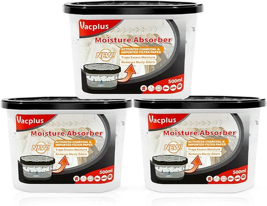 Vacplus Moisture Absorbers - Dehumidifiers for Closet, Efficient Humidity Absorber Boxes Collect Excess Moisture for Bathroom, Kitchen, Study, Activated Charcoal, 3 Pack