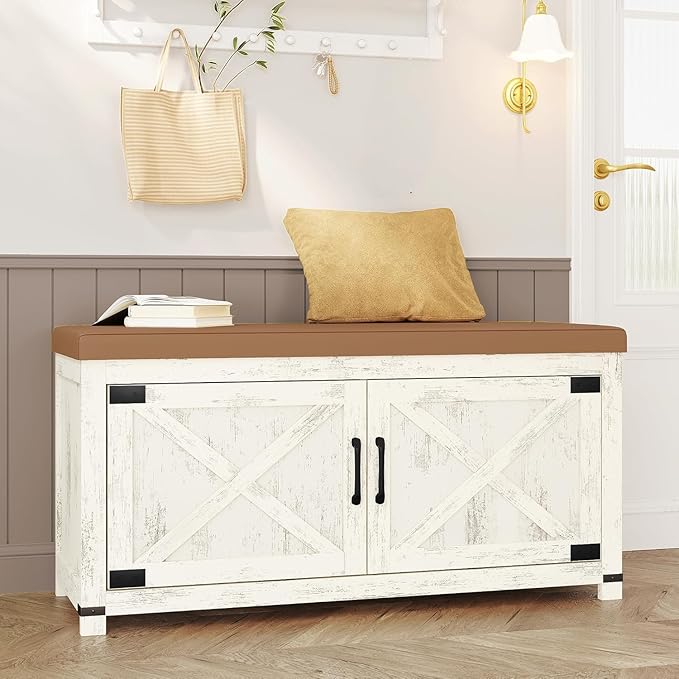 Hzuaneri Shoe Storage Bench, 2 Tier Shoe Bench with Padded Seat Cushion & 2 Barn Doors, Entryway Bench with Adjustable Shelf, Farmhouse Shoe Cabinet for Living Room, Bedroom, Antique White SB26614KA