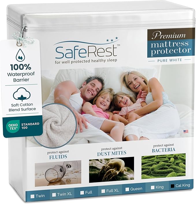 SafeRest Waterproof California King Size Mattress Protector - Fitted with Stretchable Pockets - Machine Washable Cotton Blend Mattress Cover for Bed