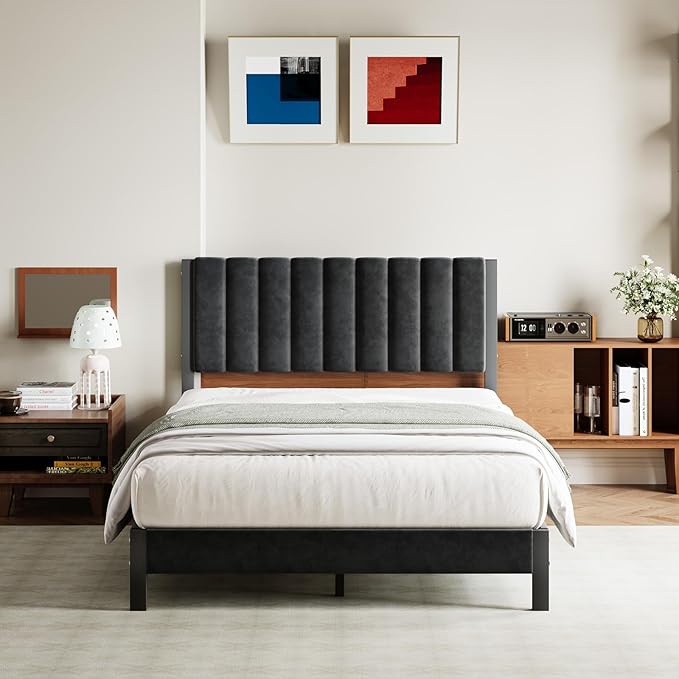 Avenco Full Size Bed Frame with Velvet Upholstered Piano Keys Headboard, Metal Bed Frame Platform Design with Metal Slats for Bedroom Furniture, Black