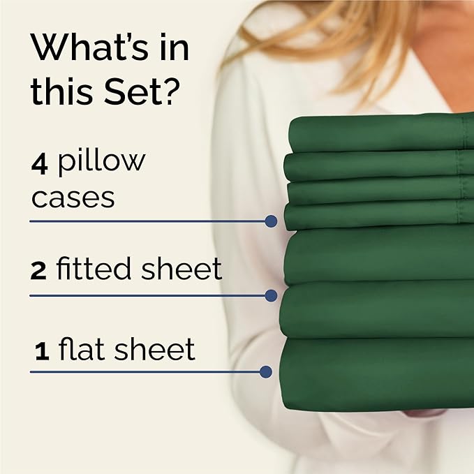 Split King 7 Piece Sheet Set - Comfy, Breathable & Cooling - Soft Hotel Luxury Bedding for Women, Men, Kids, Teens and Children - 1 Flat & 2 Fitted Sheets & 4 Pillowcases with Deep Pockets - Emerald