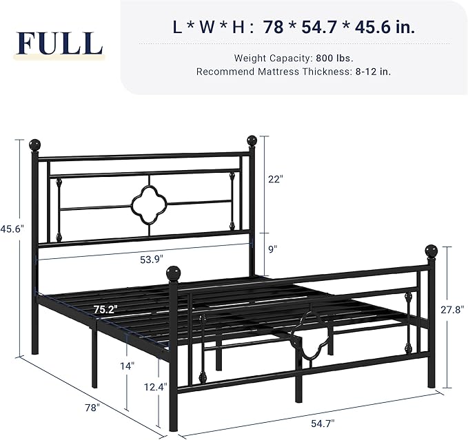 Allewie Full Size Metal Platform Bed Frame with Victorian Vintage Headboard and Footboard/Mattress Foundation/Under Bed Storage/No Box Spring Needed/Noise-Free/Easy Assembly, Black