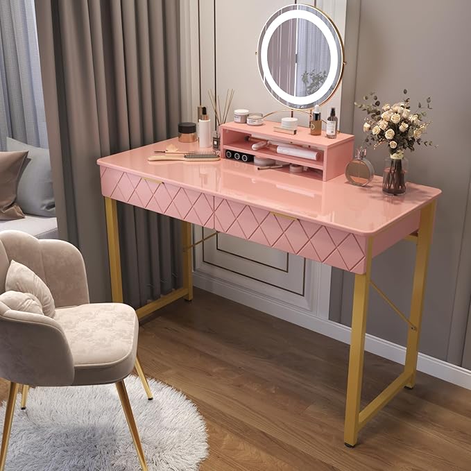WESTREE Vanity Desk with 2 Drawers and Storage Shelf, Modern Makeup Table with Glossy Desktop, Gold Metal Frame Writing Desk for Bedroom or Home Office, No Mirror