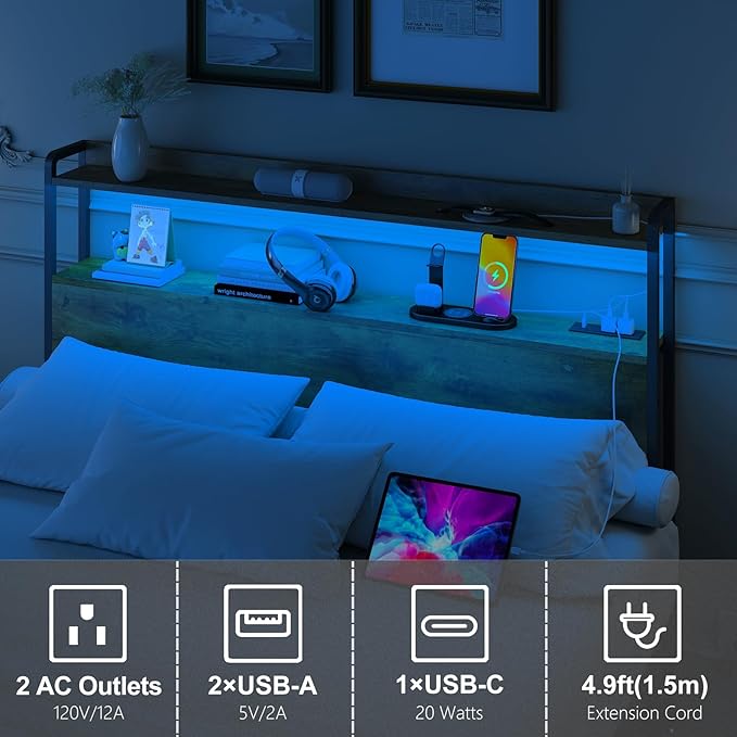 METYERRY Adjustable Full Size Headboard with Outlets, USB Ports,Type-C LED Lights, and Storage, Rustic Brown, Sturdy Bed Frame Headboard for Enhanced Comfort and Functionality, Full Size