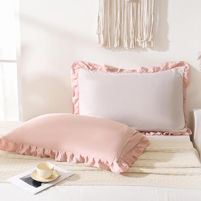 Merryword Pink Pillow Shams Standard Pillowcases 20x26inch Beige and Pink Reversible Cute Pillow Cover Set of 2 Soft Shabby Chic Ruffled Pillowcases