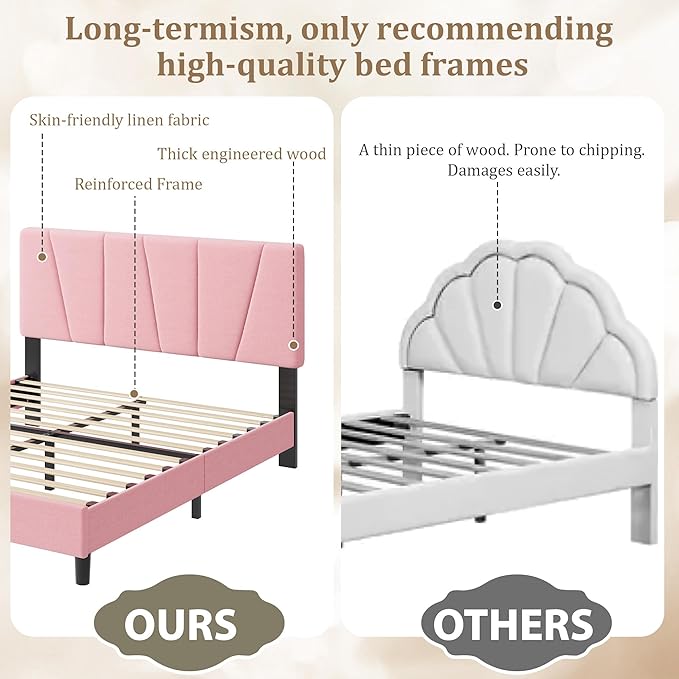Full Size Upholstered Platform Bed Frame with Adjustable Headboard for kids Girls, Fits 8-14 Inch Mattress, Heavy Duty Bed Frame with Wooden Slats Support, Noise-Free, Non-slip, No Box Spring Needed