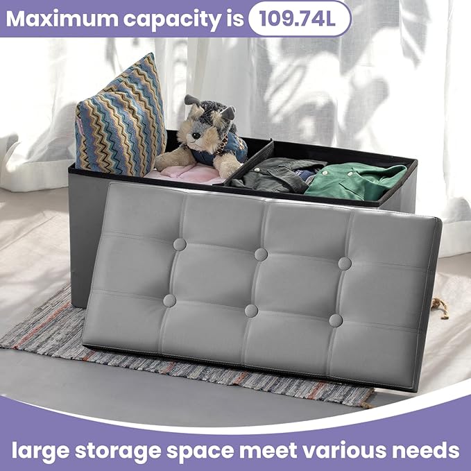COSYLAND Ottoman Bench with Storage 30x15x15 inches Grey Ottoman for Room Folding Leather Ottoman Footrest Footstool Rectangle Collapsible Furniture with Lid for Bedroom Living Room