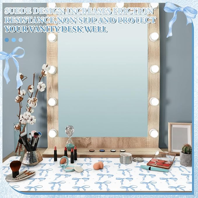 Teenyyou Coquette Bow Makeup Mat for Vanity Top Protector Graduation Gift Dual Side Leather Desk Mouse Pad Girly Waterproof Nonstick Dressing Accessories for Women Home Office(Blue,11.8"x23.6")