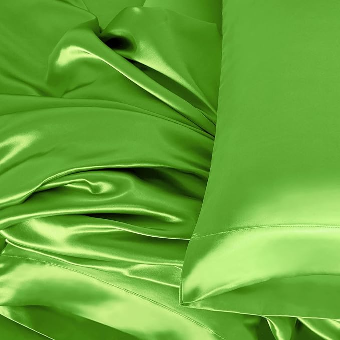 Homiest 3pcs Satin Sheets Set Luxury Silky Satin Bedding Set with Deep Pocket, 1 Fitted Sheet + 1 Flat Sheet + 1 Pillowcases (Twin Size, Lime Green)
