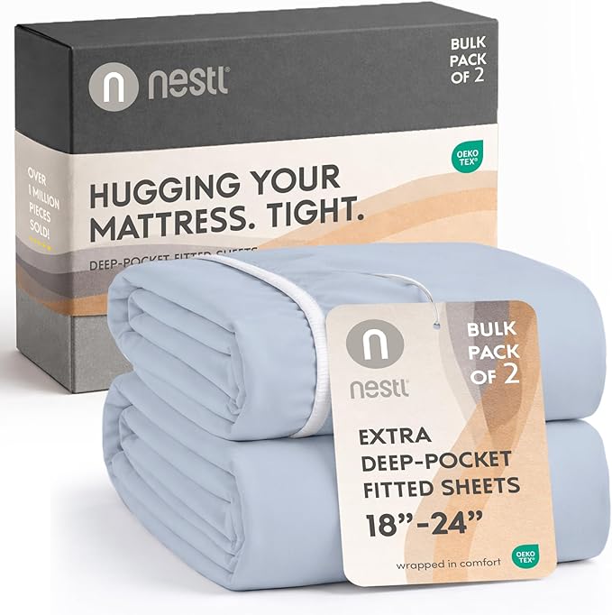 Nestl 2 Pack Ice Blue Fitted Sheet Extra Deep Pocket, Hotel Luxury QueenFitted Sheet Only Easily Fits 18 to 24 Inch Mattress, Super Soft, Wrinkle-Free and Breathable with Corner Straps