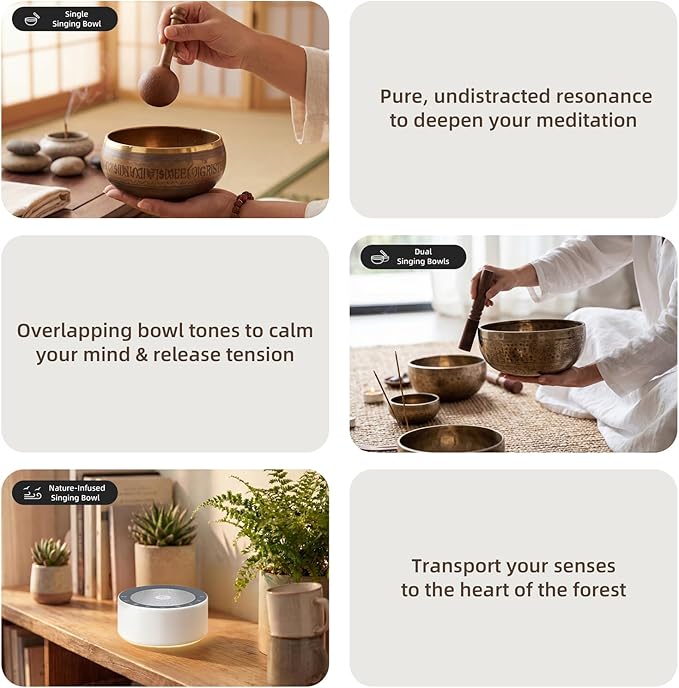 Kipcush Automatic Tibetan Meditation Bowl Sound Machine - 7 Himalayan Tones + 7 Color Night Light - Timer & Touch Control - No Manual Striking for Yoga, Chakra Healing, Stress Relief - Plug In