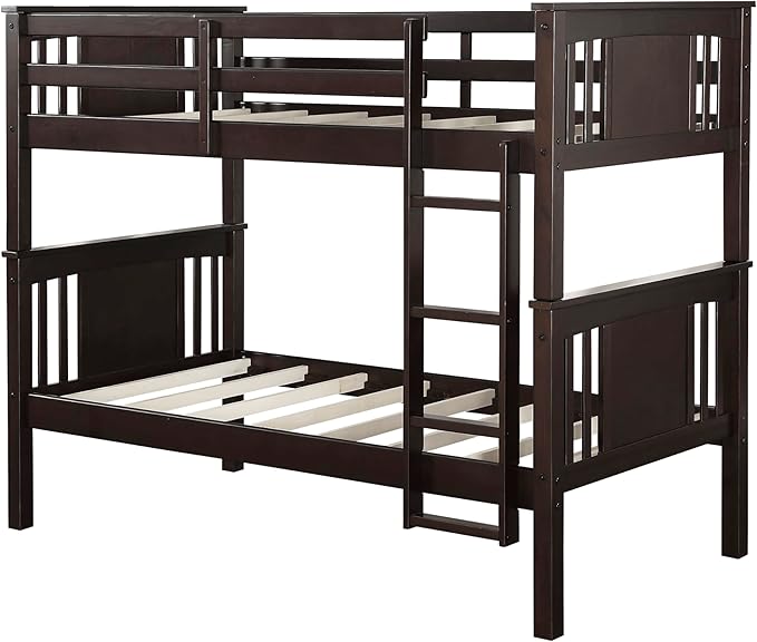 DHP Dylan Convertible Wood Bunk Bed, Stackable and Detachable Bed Frames for Kids and Teens, with Ladder, High Guardrail, Wood Slats, No Boxspring Required, Twin-Over-Twin, Espresso