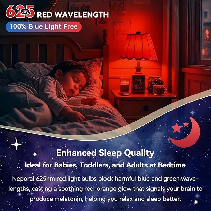 Neporal 625nm Red Light Bulbs for Sleep 3W, 100% Blue Light Blocking Light Bulbs for Melatonin Promoting, A19 LED 40W Equivalent Soft Red Night Light Bulb for Baby Nursery, Sleeping, Reading, 3-Pack
