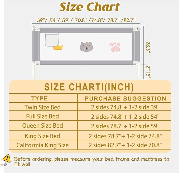 JWPEHOE Height Adjustable Bed Rail for Toddlers, Kids Safety Baby Bed Rail for Twin/Full/King/Queen Size Bed (3 Sides, 74 * 74 * 39 Inch)