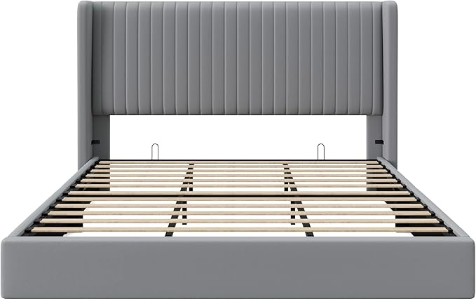 Allewie King Size Lift Up Storage Bed Frame, Hydraulic Support System, Upholstered Platform Bed Frame, Underneath Storage, Vertical Channel Tufted Headboard with Wingback, No Box Spring Needed, Grey