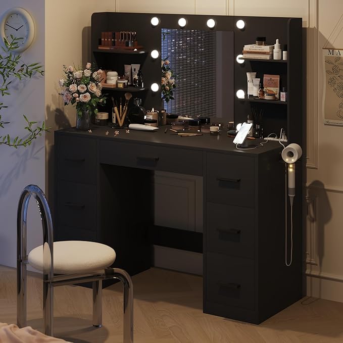 YESHOMY Vanity Desk with Mirror, Power Outlet and 10 Lights, Makeup Table with 7 Drawers, 3 Color Modes Available for Bedroom, Black