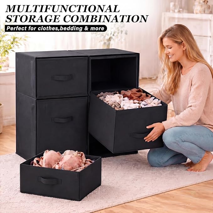 Weysat 4 Cube Stackable Under Dorm Bed Storage Container Foldable Closet Drawer Organizer Fabric Storage Cube Bins for Dorm Essentials College Closet Bedroom Living Room Nursery(Black,17.72 Inch)