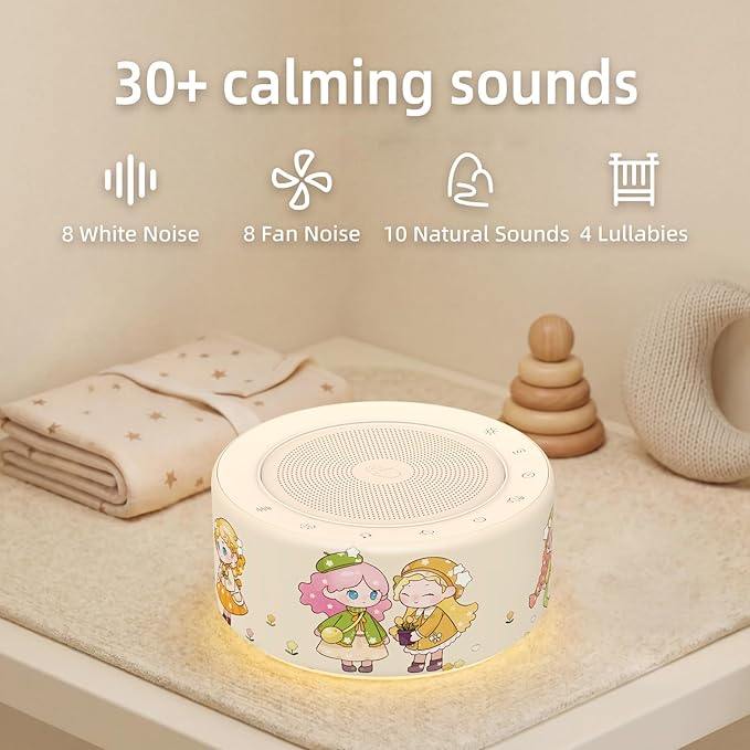 Kipcush White Noise Machine - Soft Non-Glare Nursery Lamp, 30 Soothing Sounds, 8 Color Lights, Max 8-Hour Timer for Baby & Adults (Little Girl, Standard)