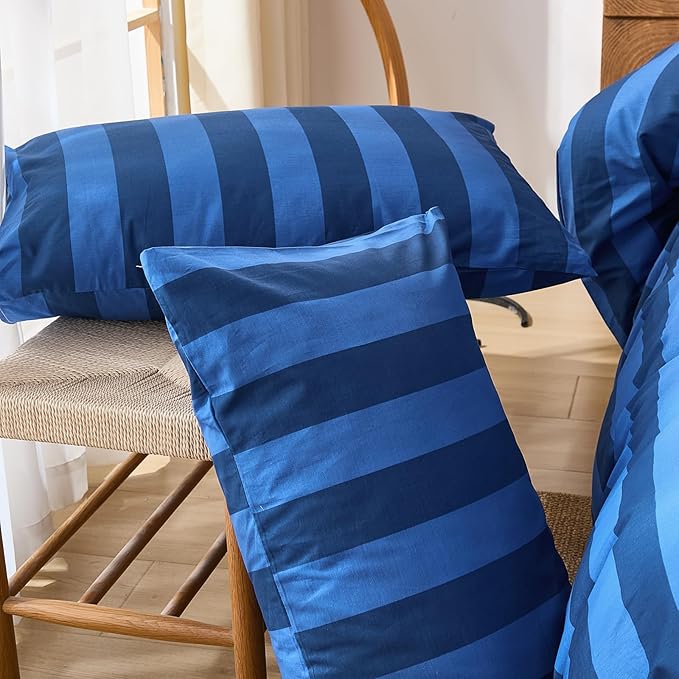 Merryword King Size Pillowcases, 100% Cotton Pillow Cases, Blue and Navy Striped Pillowcases, Soft Breathable Wide Stripes Pillow Covers, Set of 2