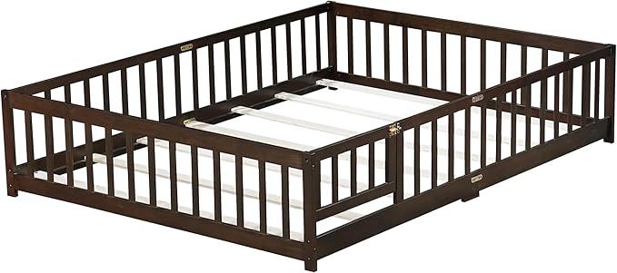 Bellemave Queen Floor Bed Frame with Rails and Door, Solid Wood Montessori Queen Size Floor Bed, Low Profile Montessori Beds with Removable Slats, Espresso