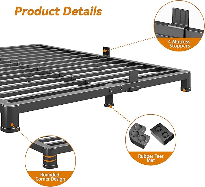 NKZ Full Platform Bed Frame 4 Inch, Heavy Duty Metal Low Profile Bed Frame with Round Corner Legs, 3500lbs Weight Capacity Reinforced Frame, No Box Spring Needed，Noise-Free, Easy Assembly