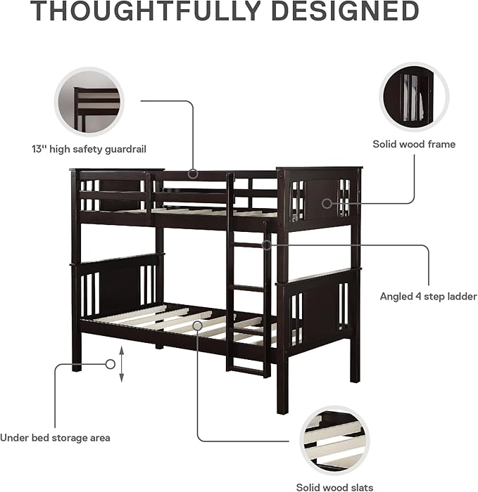 DHP Dylan Convertible Wood Bunk Bed, Stackable and Detachable Bed Frames for Kids and Teens, with Ladder, High Guardrail, Wood Slats, No Boxspring Required, Twin-Over-Twin, Espresso