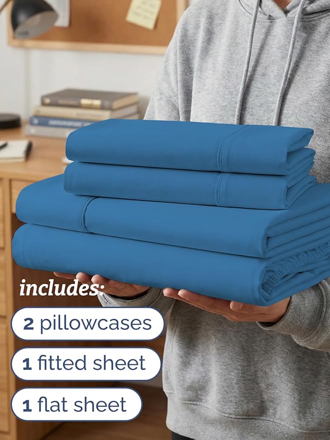 Twin XL 4 Piece Sheet Set - Comfy, Breathable & Cooling - Soft Hotel Luxury Bedding for Women, Men, Kids, Teens and Children - 1 Flat & 1 Fitted Sheet & 2 Pillowcases with Deep Pockets - Denim Blue