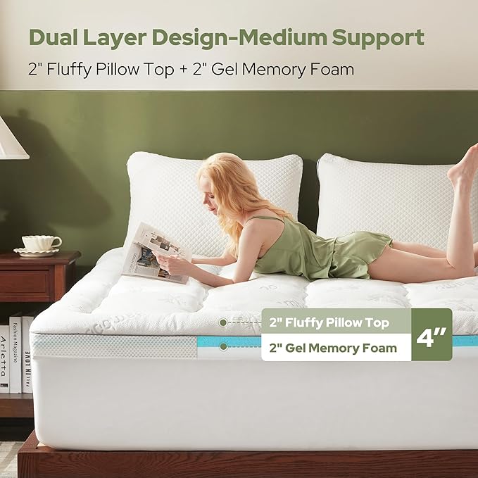 BEDLORE 4 Inch Memory Foam Mattress Topper Twin,2-in-1 Dual Layer Design (2" Gel Memory Foam + 2" Plush Pillow Top Cover) Mattress Topper Medium-Firm,Pressure Relief & Back Pain Support(White)