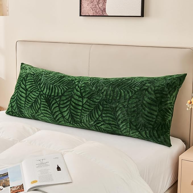 SOCHOW Body Pillow Cover 21x54 Inches, Super Soft and Cozy Leaves Textured Fleece Long Body Pillowcase with Zipper Closure,1 Pack, Olive Green