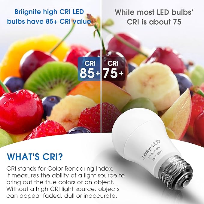 Briignite LED Light Bulbs, 3 Way LED Light Bulbs 50 100 150W Equivalent, Three Way A19 Light Bulbs E26 Medium Base, Daylight White 5000K, 500lm-1000lm-1500lm, 4Pack