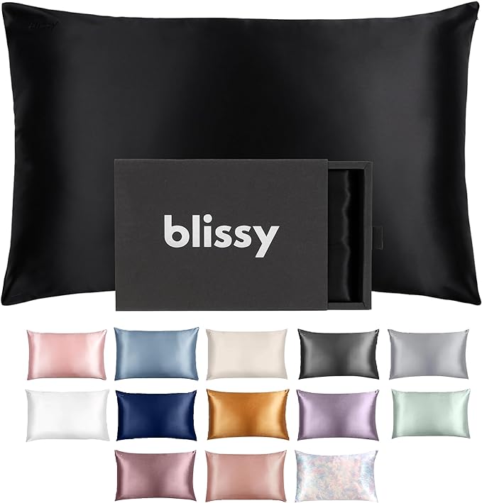 Blissy Silk Pillowcase - 100% Pure Mulberry Silk - 22 Momme 6A High-Grade Fibers - Silk Pillow Cover for Hair & Skin - Regular, Queen & King (Black, Standard)