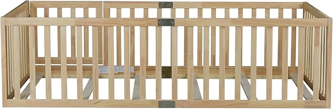Bellemave Twin Size Montessori Floor Bed with 21.5" High Rails, Rubber Wood Twin Floor Bed with Slats and Door, Natural