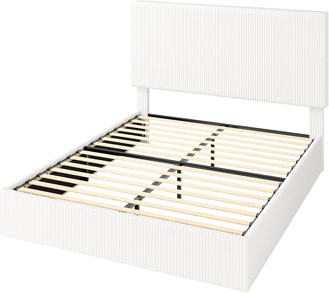 Allewie Queen Bed Frame, Upholstered Platform Bed, Adjustable Vertical Channel Tufted Headboard, Corduroy Fabric, Modern Low Profile, Wooden Slats, No Box Spring Needed, Easy Assembly, White