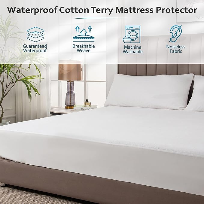 PlushDeluxe California King Mattress Protector, Breathable Soft Terry Cotton Fitted Sheet Bed Cover with Deep Stretchable Pockets, 100% Waterproof, Noiseless, Hypoallergenic, Mite Proof, 72"x84"x15"