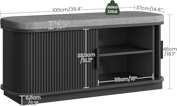 CHOEZON Shoe Storage Bench, Entryway Bench with Storage, Shoe Bench with Cushion and Sliding Door, Fluted Storage Bench, Entry Bench for Entryway, Hallway, Living Room, Bedroom, Black and Gray MHX02BB