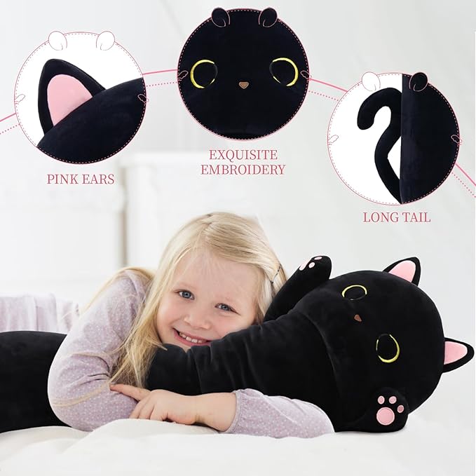MaoGoLan Long Cat Body Pillow for Kids, 44'' Big Kitten Plush for Adults, Big Black Cat Stuffed Animal for Girl, Large Kitten Plush Throw Pillow for Mother's Day Birthday Gift, Baby Shower Party Decor
