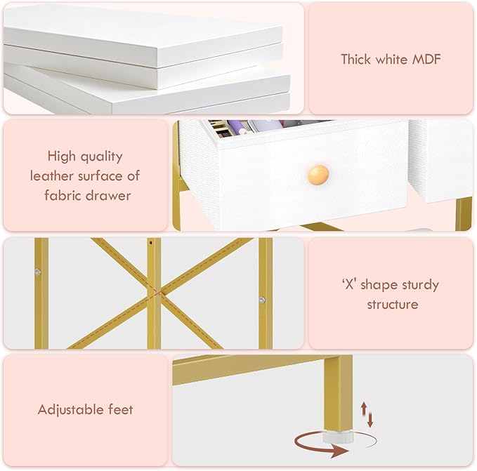 X-cosrack Small Makeup Vanity Desk with Mirror & Chair, Mini Vanity Desk Table Set with Fabric Storage Drawer, 19.7" Compact Vanity Desk for Girls, Dressing Table with Chair for Bedroom, White Golden